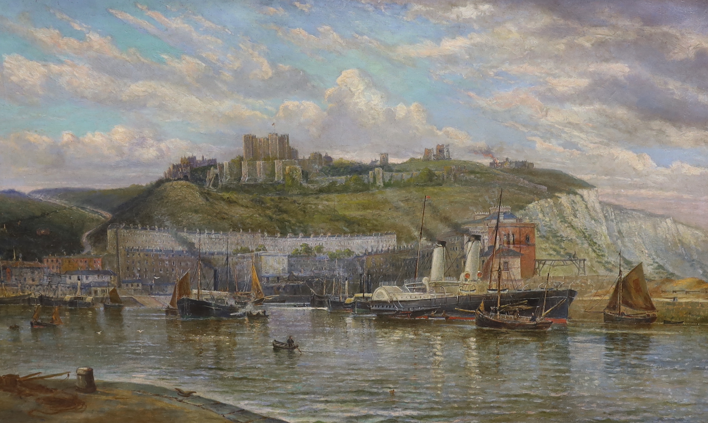 19th century English School, oil on canvas, Ships and paddlesteamers before Dover Castle, 126 x 75cm